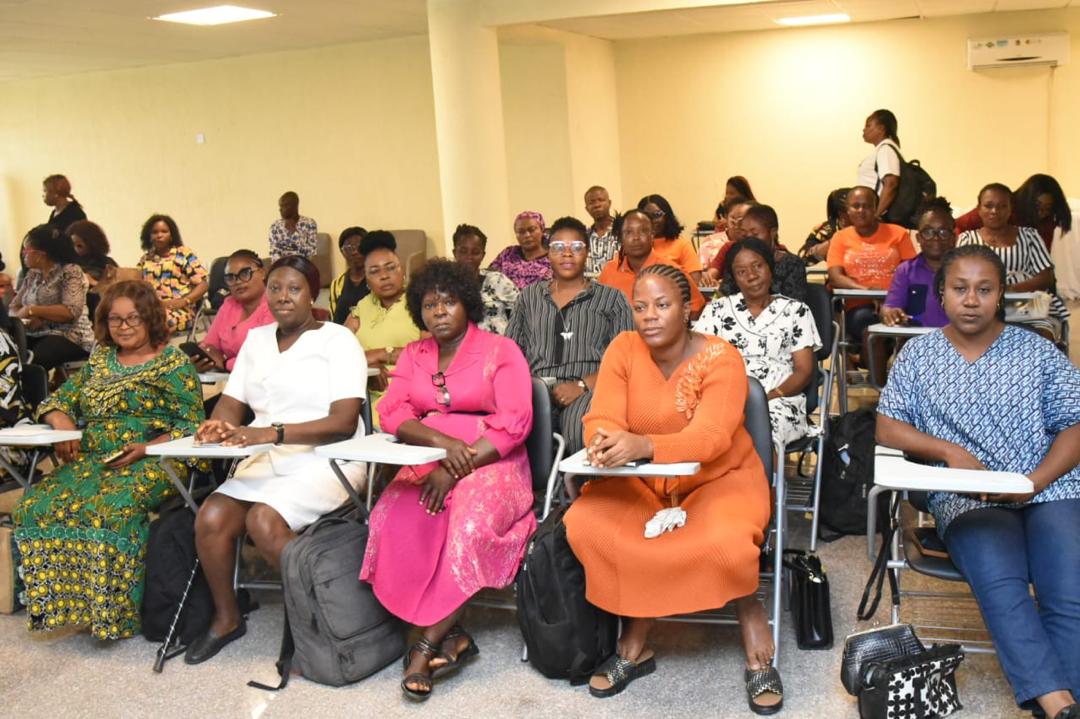 Healthcare professionals seated at desks during a continuing-education classroom session at the 2025 Abia Global Medical Mission.